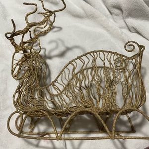 Vintage Holiday Reindeer Antlers Basket Sleigh Sled 7.5" Wire Gold Glitter Xmas